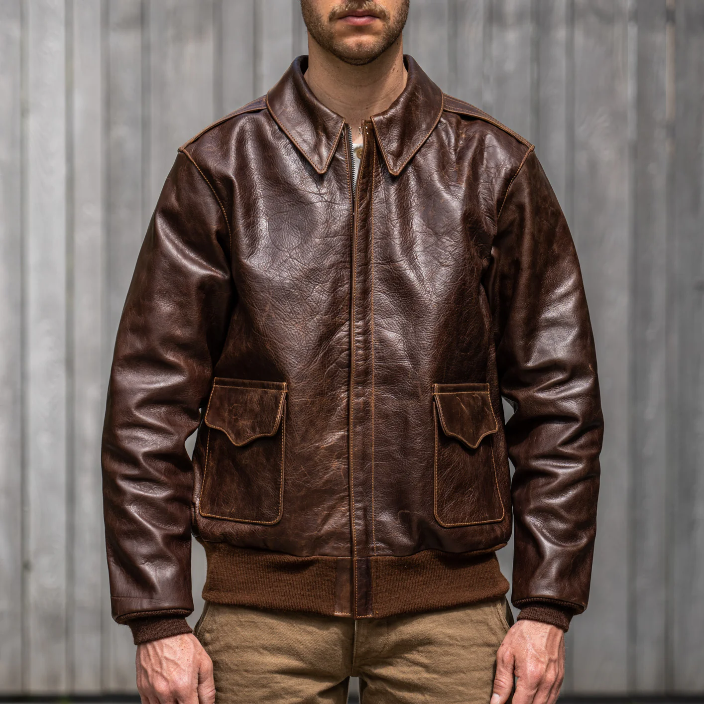 Eastman Leather A-2 Slender Horsehide Leather Jacket– Seal Brown - Image 3
