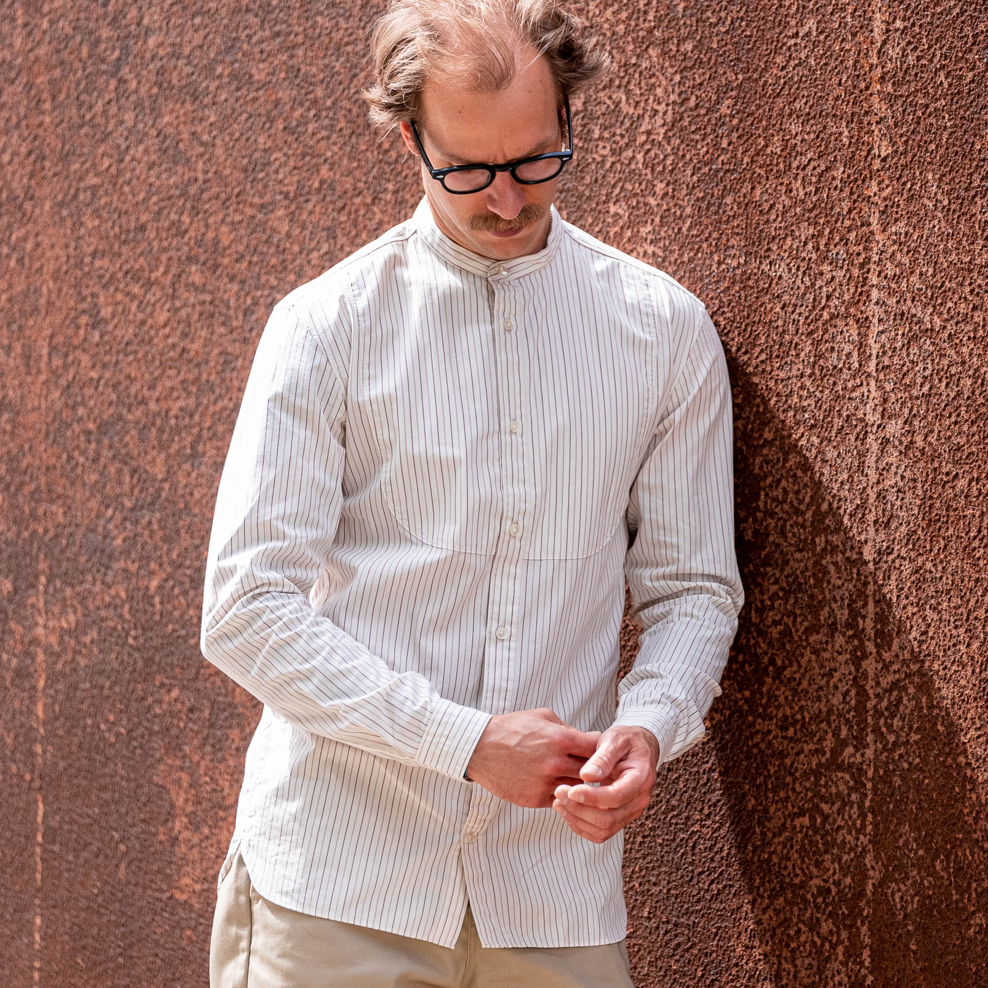 Orgueil Simple Stripe Band Collar Shirt – OR-5089B / White - Image 3