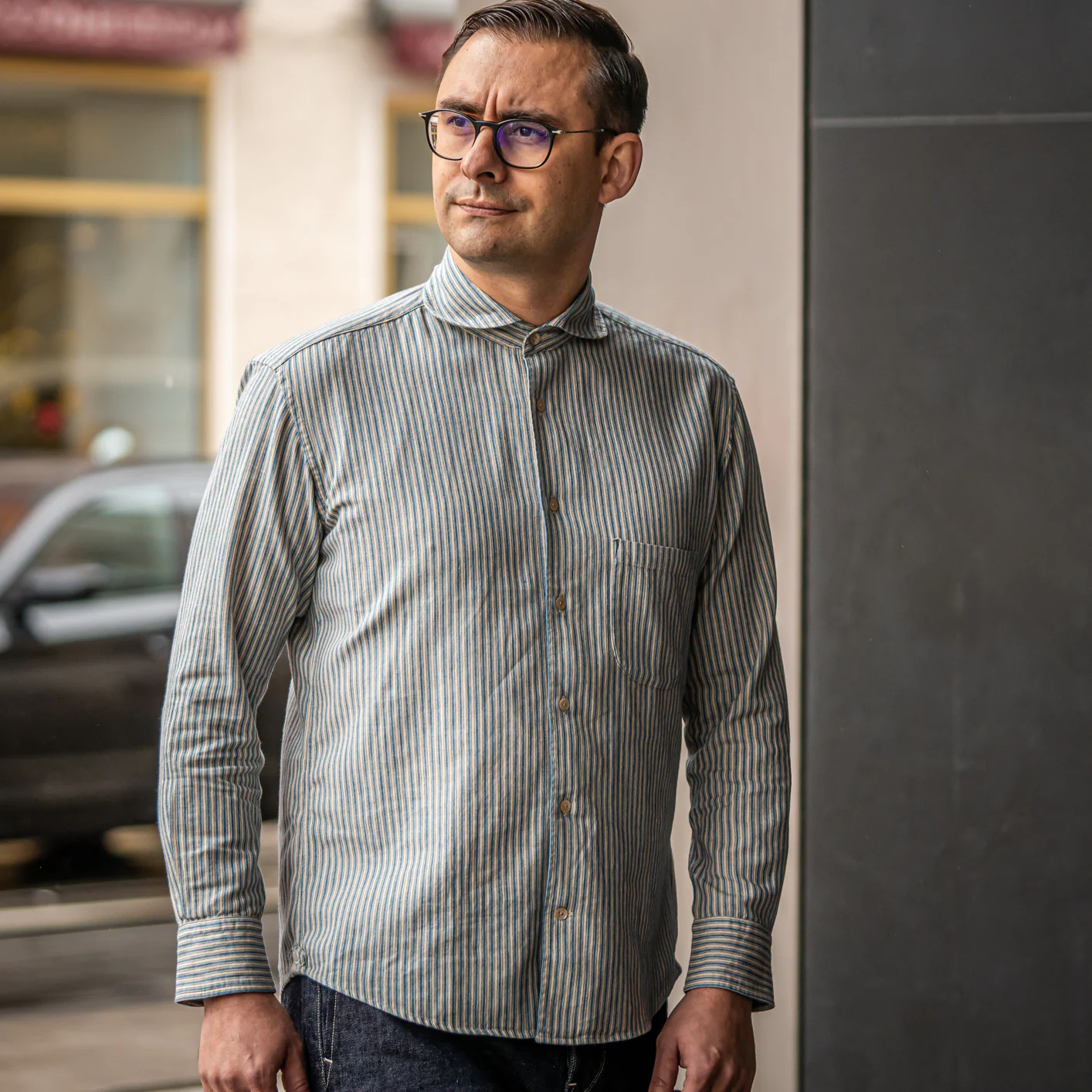 Orgueil OR-5002B Windsor Collar Shirt - Indigo Striped - Image 11