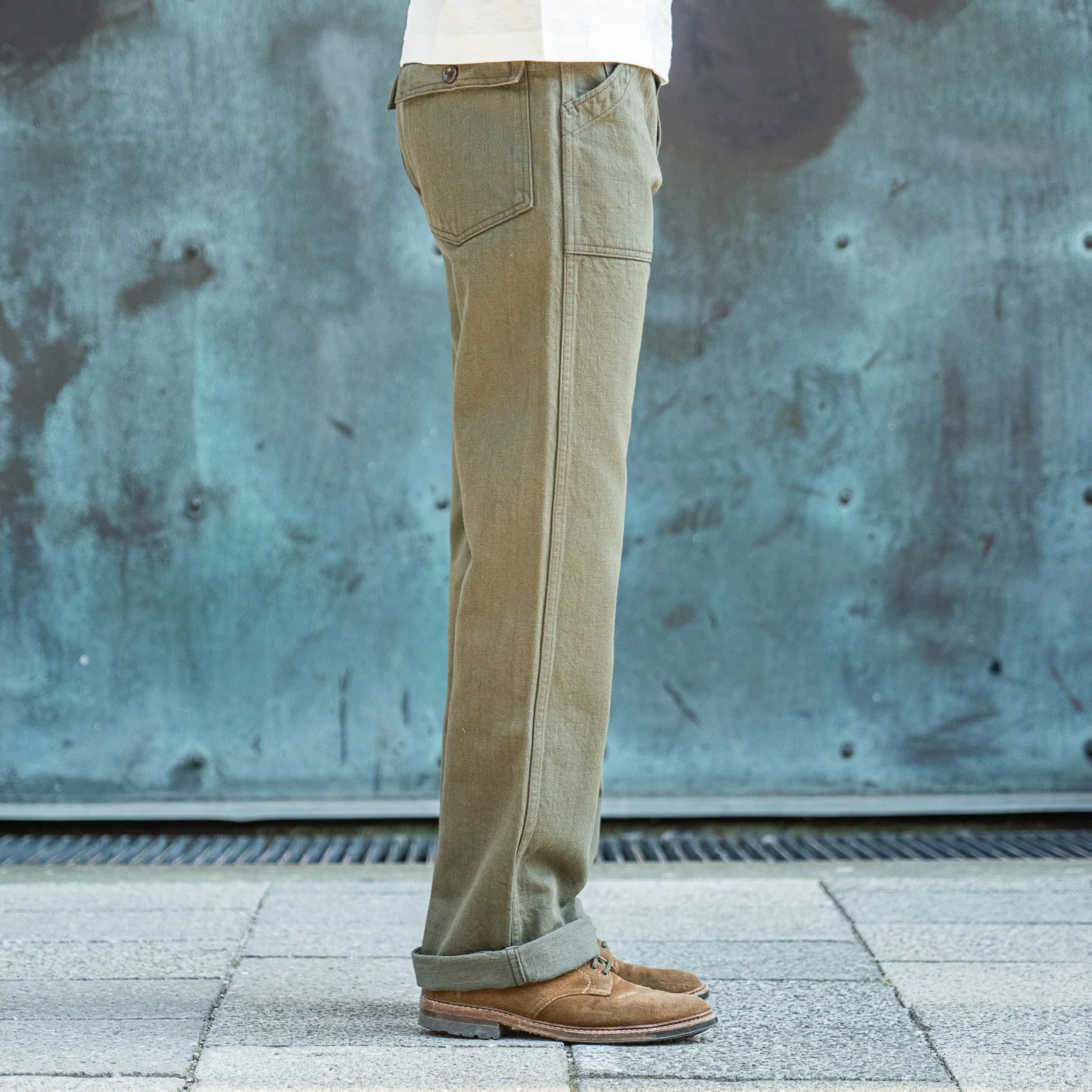 UES B402 13,2oz Selvedge Sateen Baker Pants – Olive - Image 3